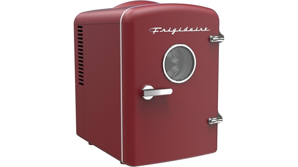 compact red beverage fridge